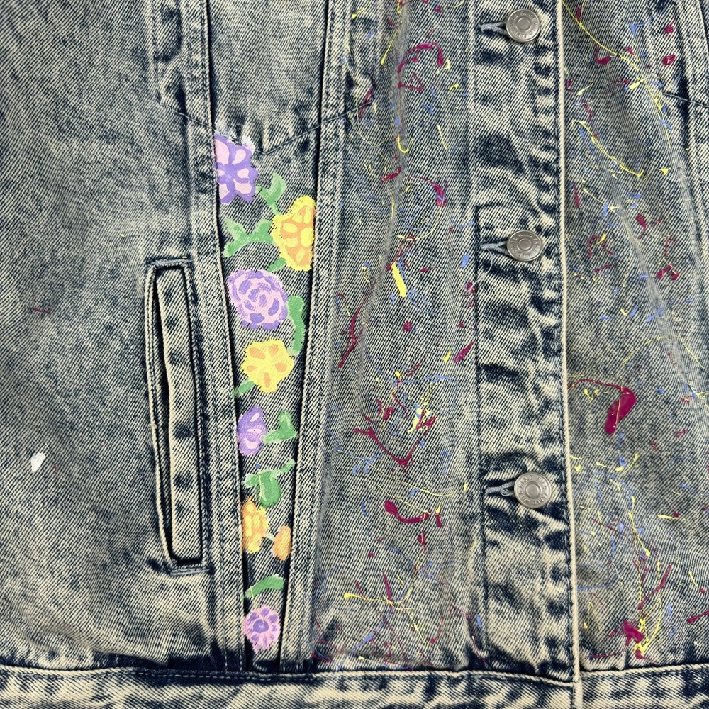 Wild Fable Denim Jacket Women L Acid Wash Palm Tree‎ Floral Painted Retro Art - Picture 9 of 16